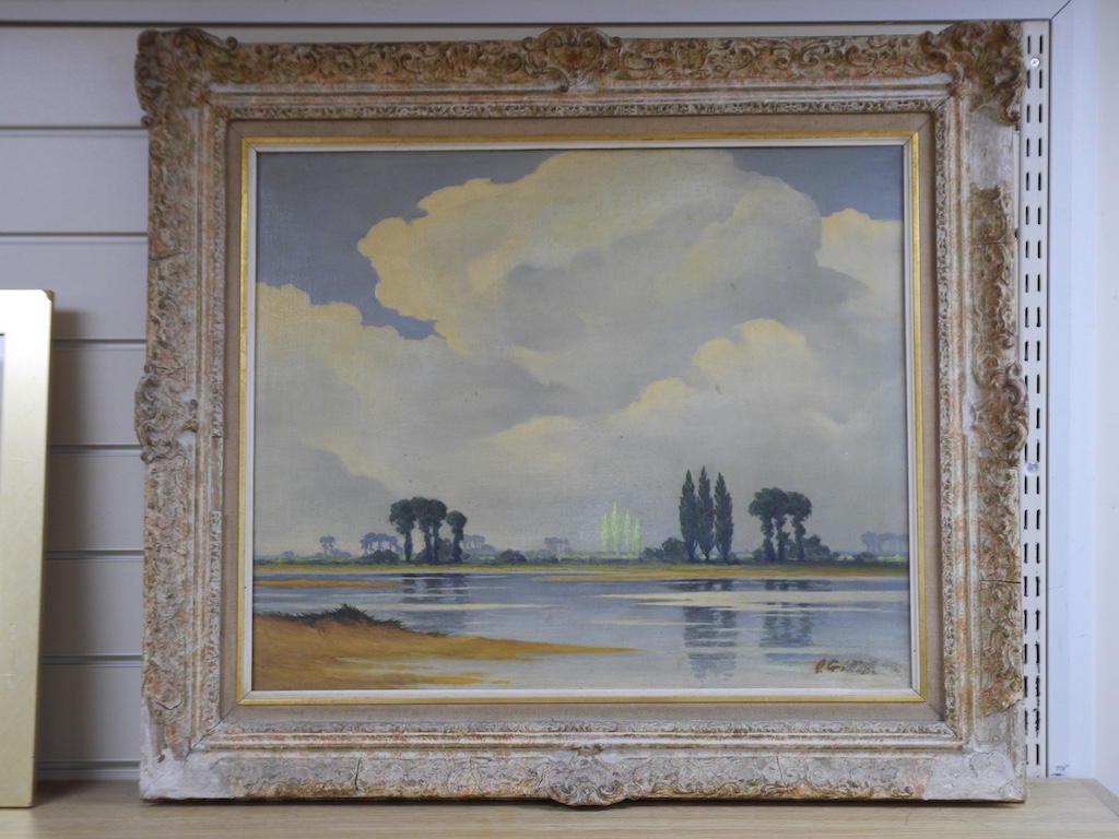 Manner of Pierre de Clausade (French, 1910-1975), oil on canvas, Riverscape with trees, indistinctly signed lower right, 49 x 59cm, ornately framed. Condition - fair